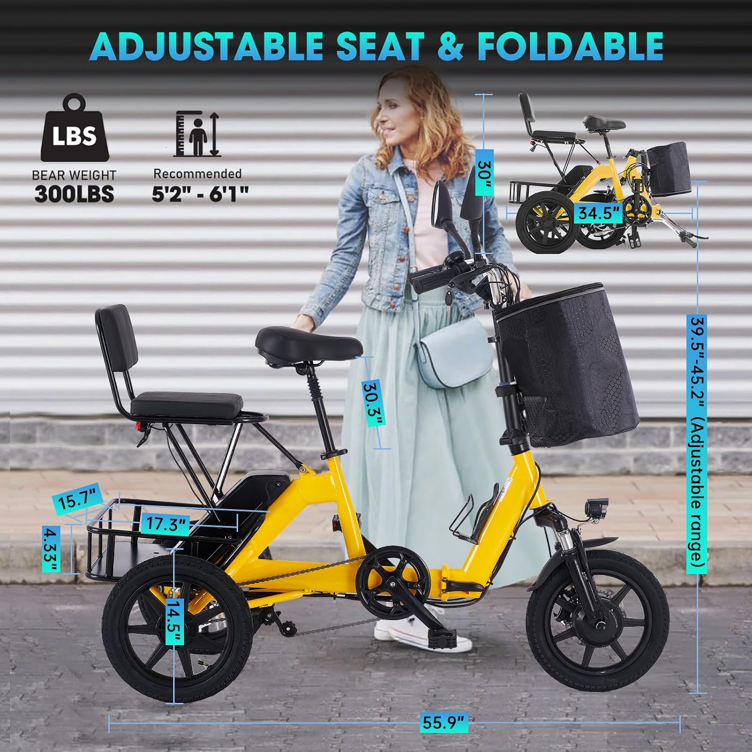E Trike Electric Bike, 350W(Peak 500W) Brushless Motor Folding Trike, 2 Seats Ebike, 480Wh Removable Battery, Step-Thru 3 Wheel Electric Bicycle, Up to 45 Miles, Tricycle for Adults Parents