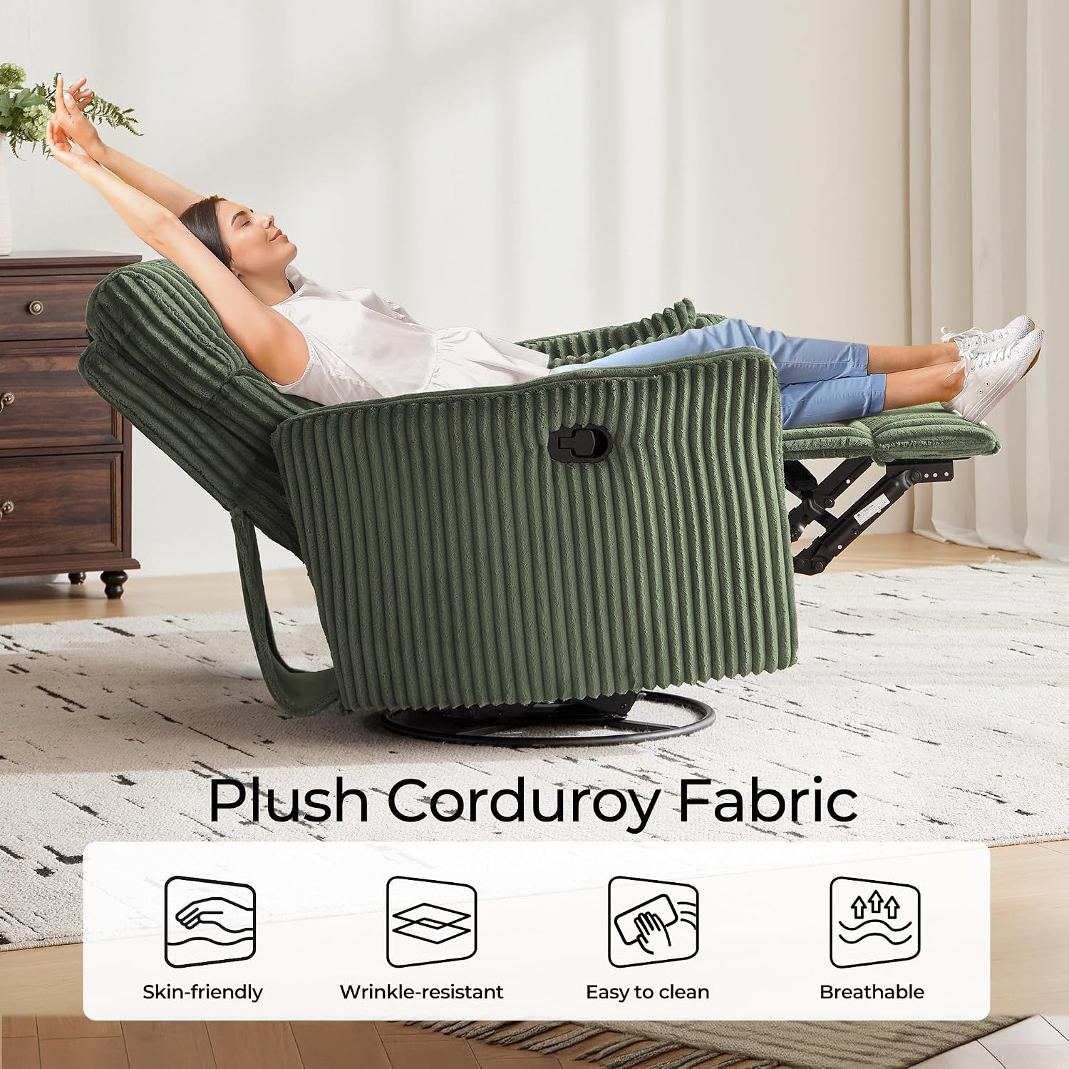 LINSY 360 Swivel Recliner Chair, Nursery Glider Rocking Chair with 2 Pillows, Corduroy Nursing Chair Comfy High Back Adult Rocker Recliner for Small Spaces, Nursery Bedroom Living Room (Green)