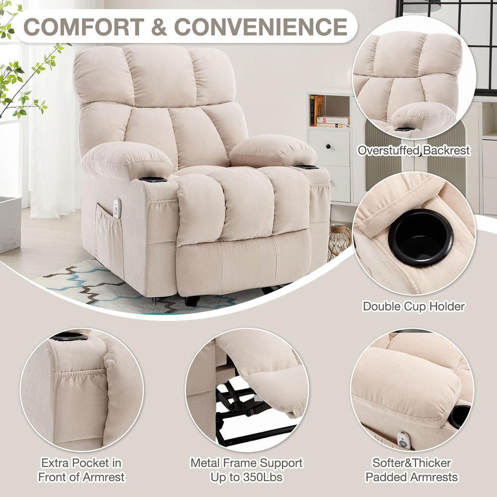 Massage Rocker Recliner Chair with Heat and Vibration Ergonomic Rocking Lounge Chair for Living Room Comfy Overstuffed Recliner with 4 Side Pockets, 2 Cup Holders, Beige