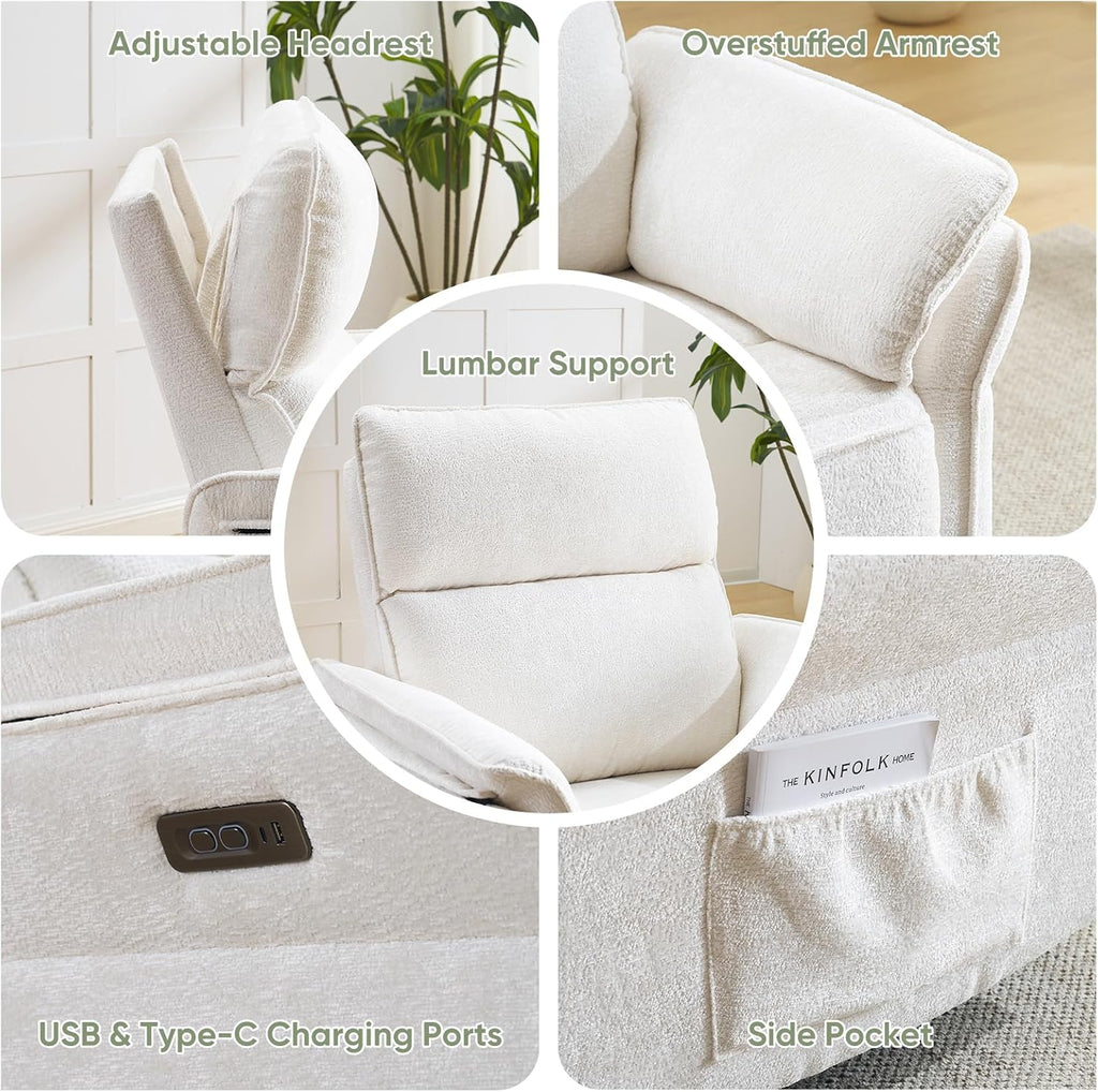 Power Swivel Rocker Recliner, Glider Recliner Nursery Chair with Massage and Heat, Nursery Rocking Chairs with Adjustable Headrest for Living Room，USB Ports,Side Pockets,Chenille White