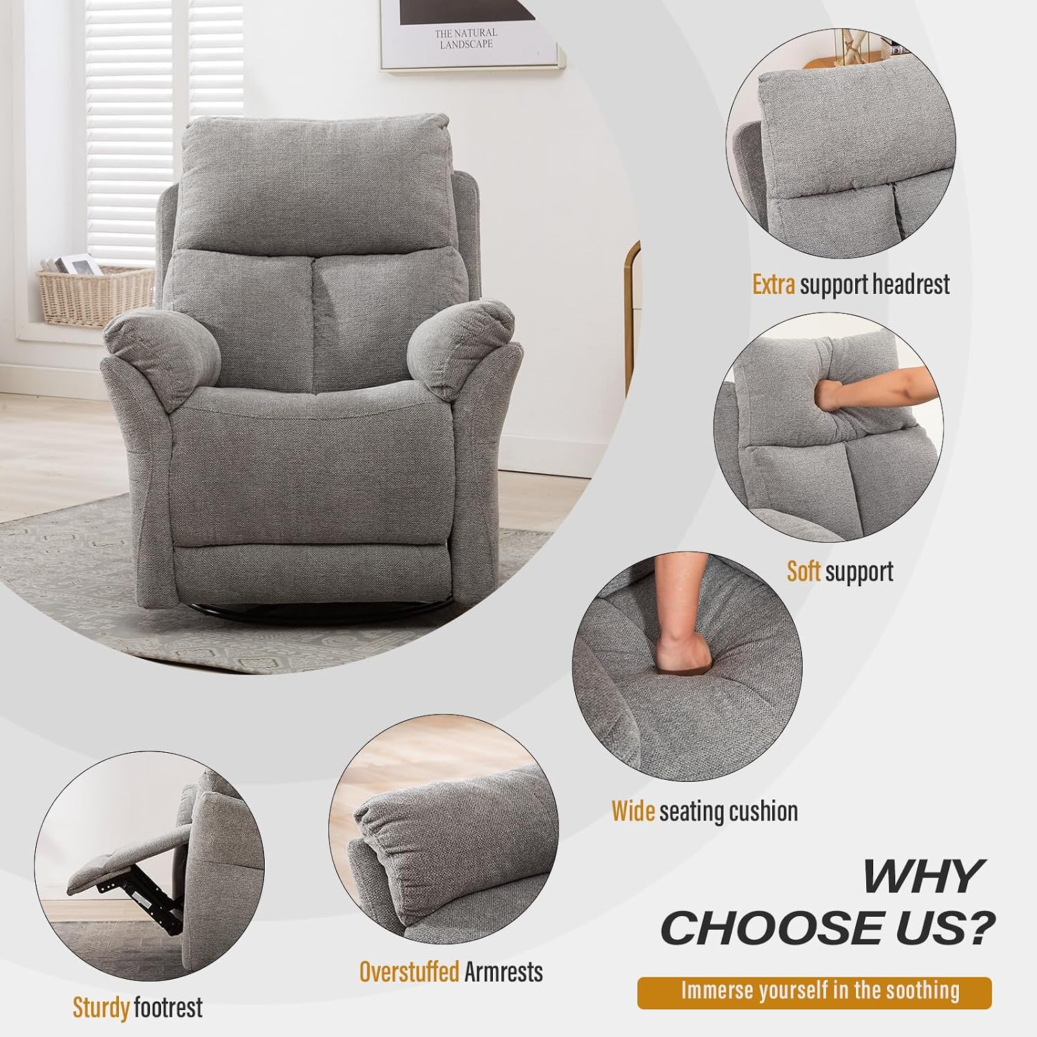 ANJ Swivel Rocker Recliner Nursery Chair, Manual Glider Rocking Recliner Chairs for Adults, Rocking Chair Nursery ReclinerS, 360° Swivel Lazy Boy Recliner Chairs for Living Room, rv, Silver Grey