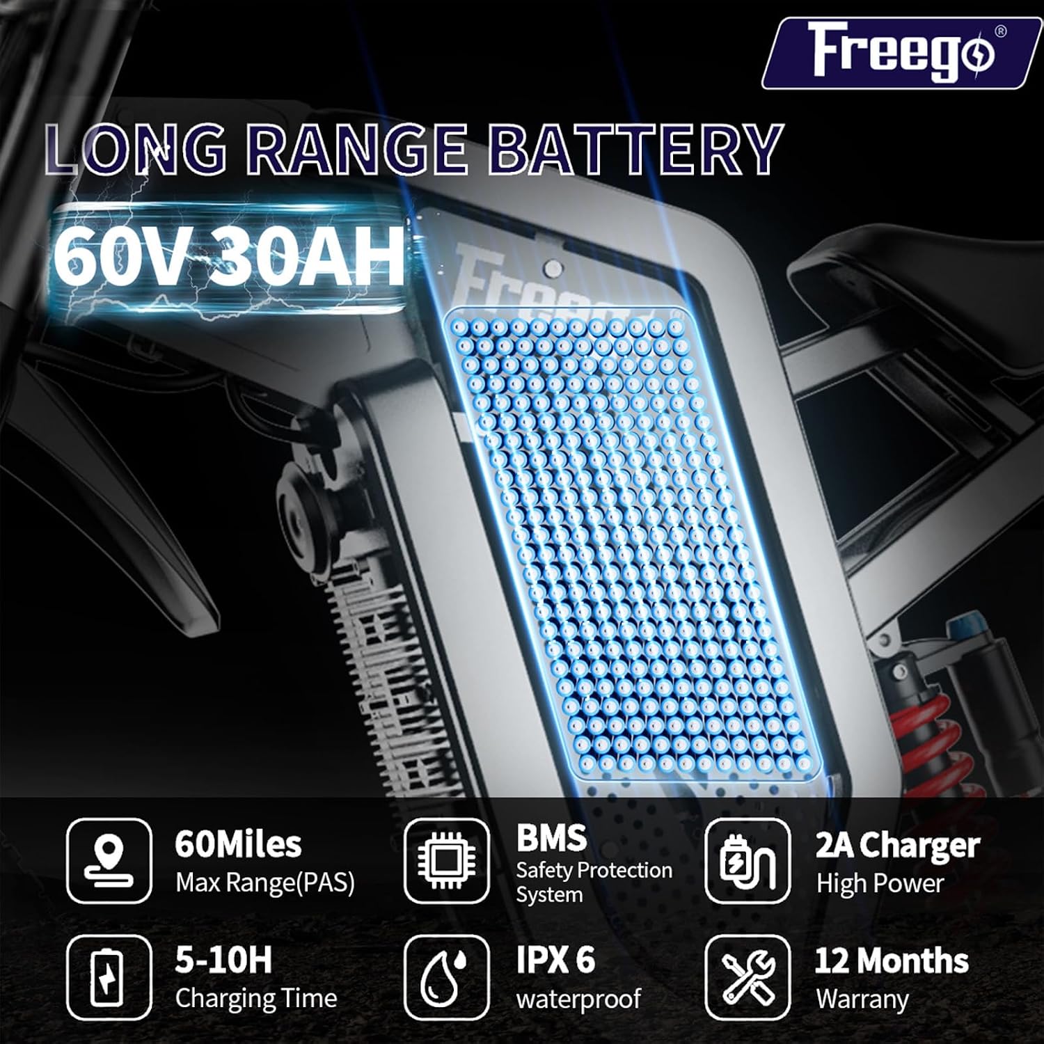 Freego Electric Motorcycle Bike for Adults Teen, X2 Electric Dirt Bike 6000W(Peak) Motor 60V/30Ah Removable Battery, 50MPH Off Road Electric Mountain Bike,19' x2 Tire, UL 2849 Certified