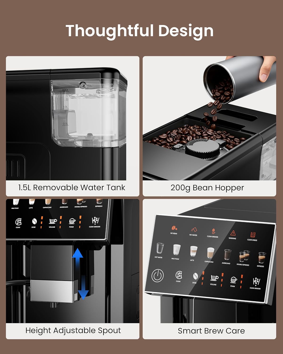 Fully Automatic Coffee Machine, 20 Bar Coffee Maker with Grinder, Automatic Espresso Machine with 15 Grinding Levels, Touch Control for Cappuccino & Latte, Auto Self-Cleaning