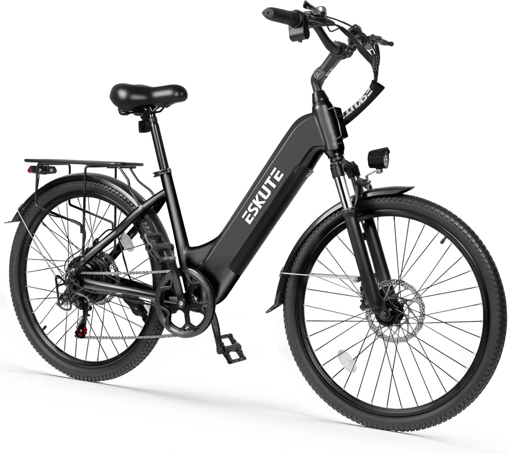 ESKUTE Electric Bike for Adults-1300w Peak Ebike, 28MPH Step Thru Electric Bicycle，70Miles 840 WH Removable Battery e-Bike, 7-Speed 26'' tire, Adjustable Stem,