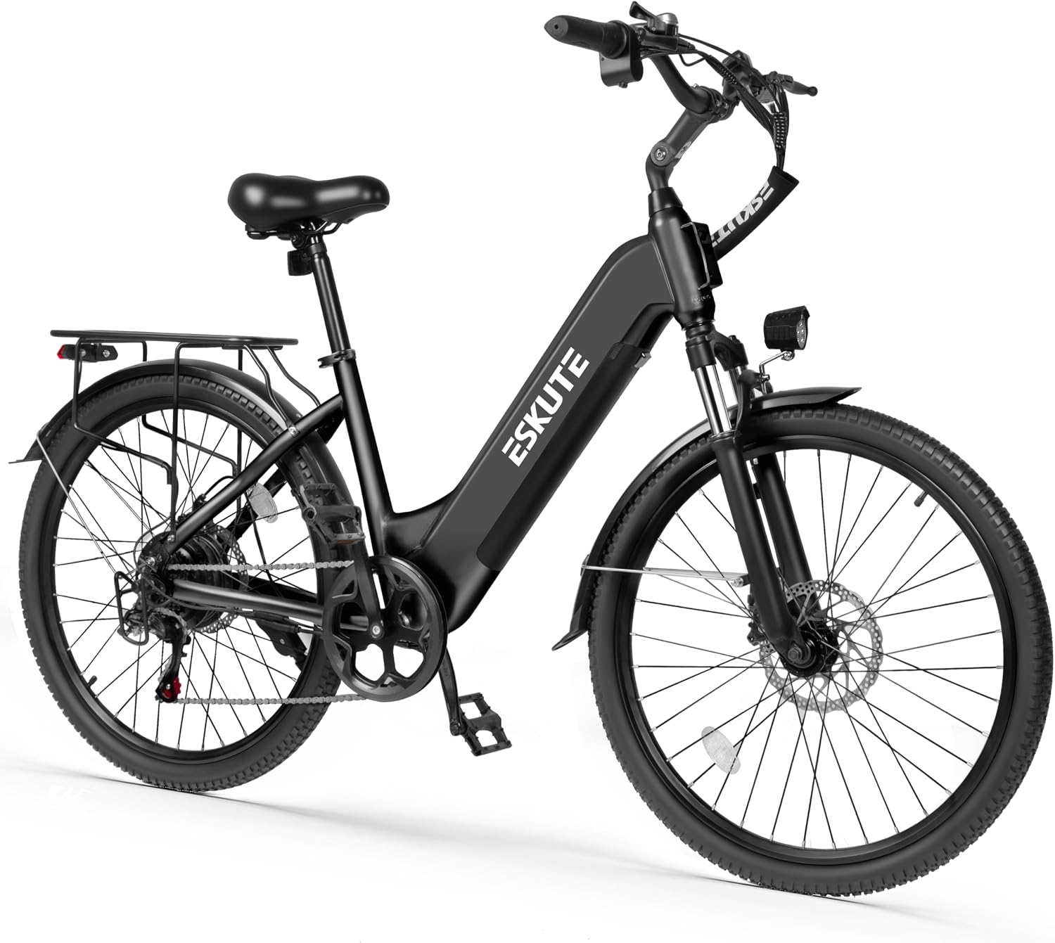 ESKUTE Electric Bike for Adults-1300w Peak Ebike, 28MPH Step Thru Electric Bicycle，70Miles 840 WH Removable Battery e-Bike, 7-Speed 26'' tire, Adjustable Stem,