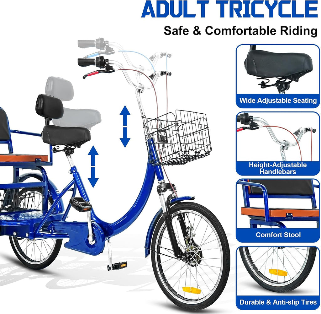MOOITZ Adult Tricycle, 20 Inch 3-Wheel Bikes, Trike for Adults with Seat, Low Step-Through Cruiser Bike with Front and Rear Baskets, Adult Tricycles for Women, Seniors, Men