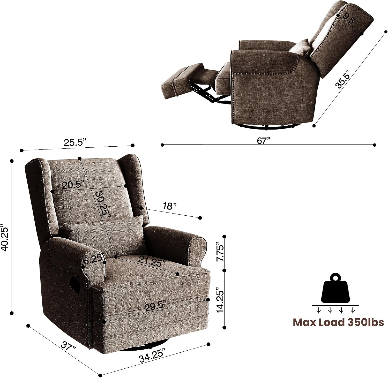 May in Color Nursery Glider Recliner, Comfy Upholstered Glider Chair with Lumbar Pillow and Footrest, Swivel Rocking Chair for Bedroom, Living Room, Brown
