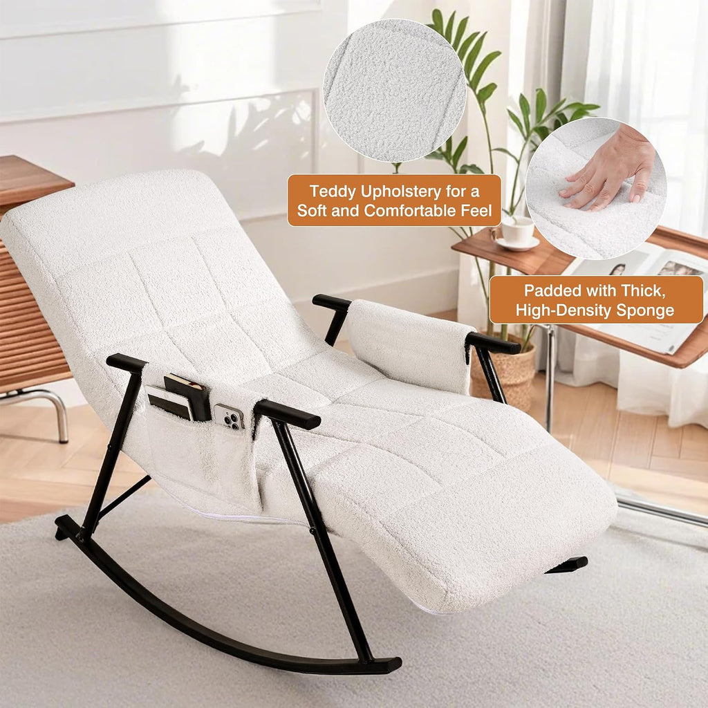 VECELO High Back Nursery Rocking Chair with Foot Rest, Teddy Upholstered Reclining Glider Rocker, Comfy Armchair Padded Seat Removable Side Pockets for Living Room, Bedroom, Balcony, White