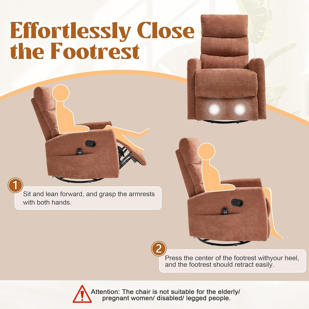 Manual Swivel Rocker Recliner Chair for Adults, Overstuffed Reclining Glider Chair for Nursing with Vibration Massage & Heat, Living Room Rocking Recliner 3-Stage backrest, Chenille Fabric Orange