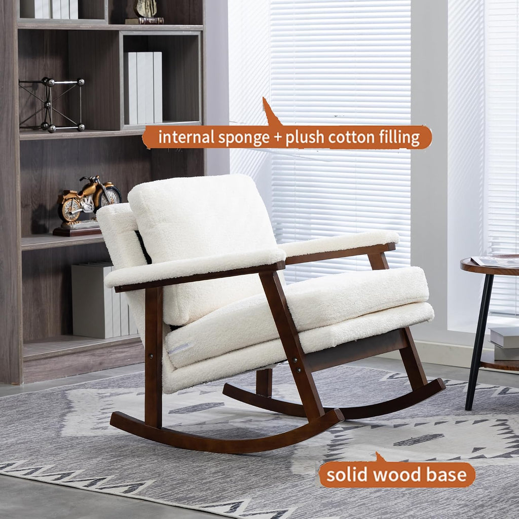 Nursery Rocking Chair Velvet Upholstered Accent Rocker Chair with Backrest Comfy Soft Rocker Glider Solid Rubber Wood Leg for Bedroom Living Room Nursing Room, Antique White