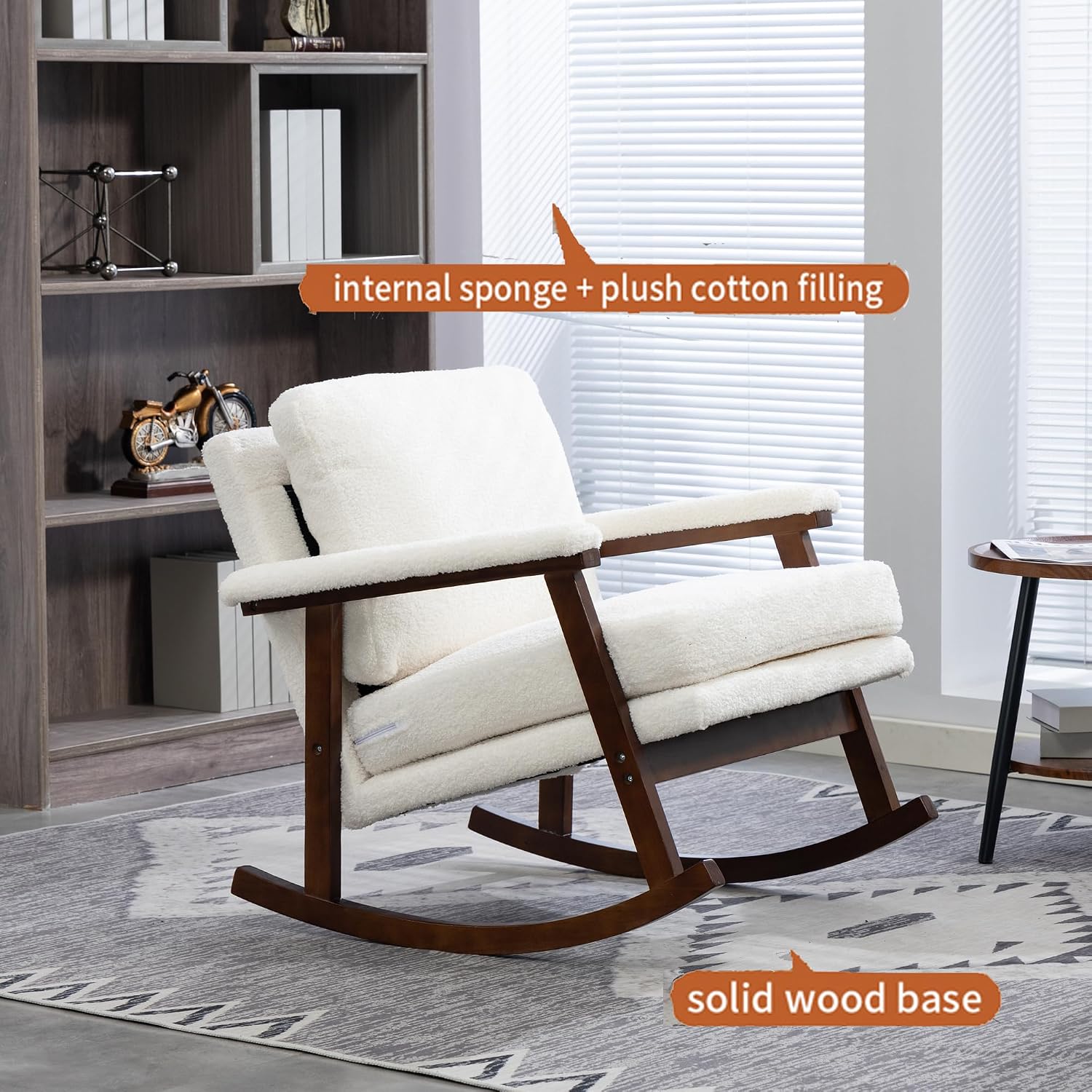 Nursery Rocking Chair Velvet Upholstered Accent Rocker Chair with Backrest Comfy Soft Rocker Glider Solid Rubber Wood Leg for Bedroom Living Room Nursing Room, Antique White