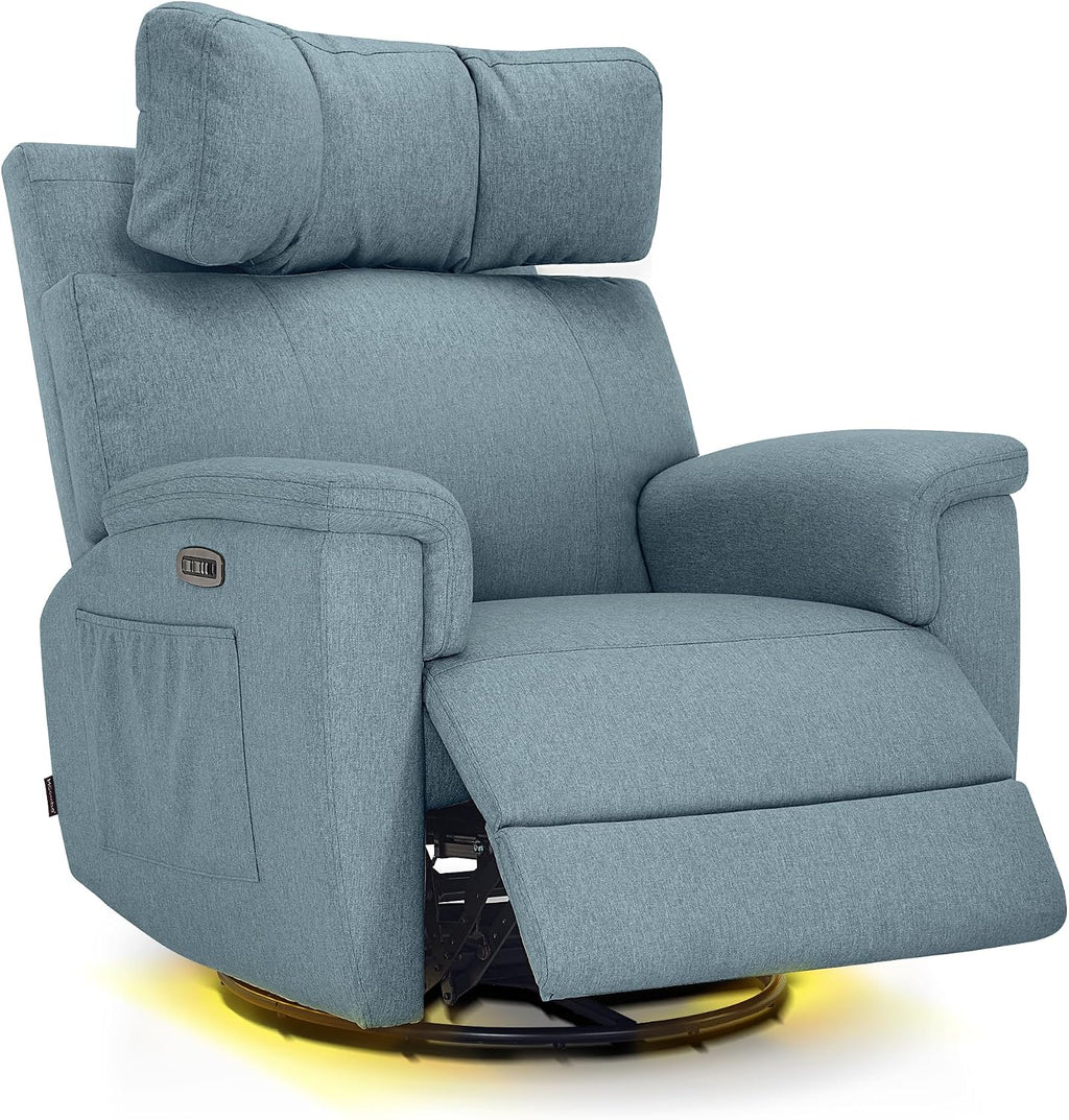 MCombo Oversized Swivel Glider Rocker Recliner with Adjustable Headrest, Dual Motor Power Recliner for Nursery, Led Nightlight, Fabric PR601 (Pacific Blue)
