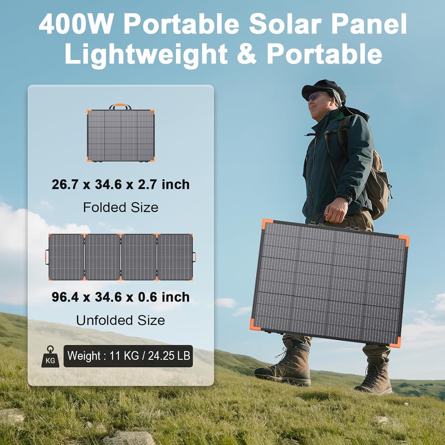 400W Bifacial Portable Solar Panel, 33V Lightweight Foldable Solar Charger for Power Station, IP68 Waterproof 23.5% High Efficiency with Adjustable Kickstands for Camping RVs Home Backup