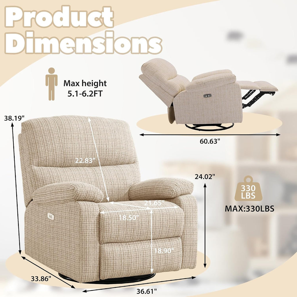 Power Nursery Swivel Recliner Lumbar Support Electric Rocking Swivel Glider with Adjustable Headrest Breastfeeding Swiveling Nursery Recliner Glider for Living Room Bedroom Nursing