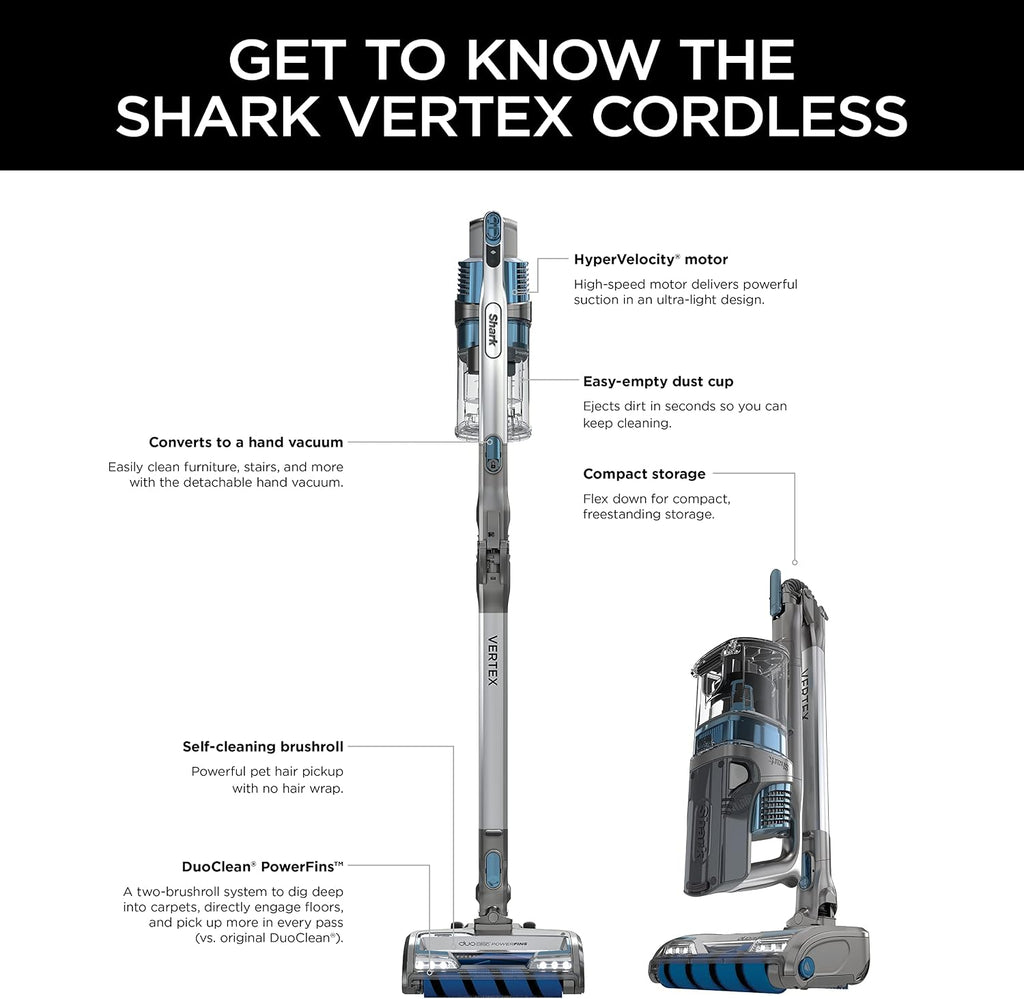 Shark IZ462H Vertex Ultra Lightweight Cordless Stick Vacuum with DuoClean PowerFins, Crevice, Pet Multi-Tool, Anti-Allergen, Brush, Removable Handheld, Flex, 60 min Runtime, Blue, MultiFLEX