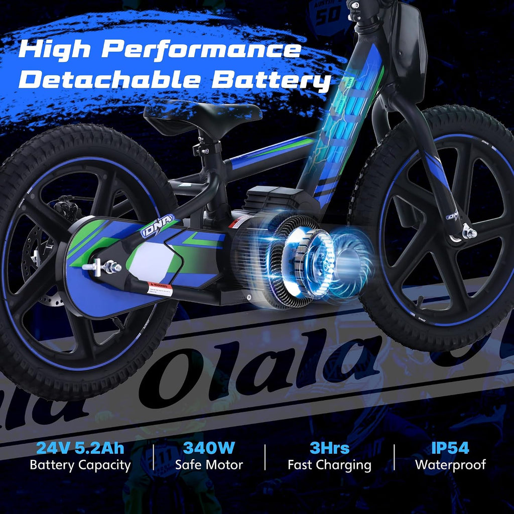 OLALA Electric Dirt Bike for Kids Aged 5-10, 340W Racing Grade Electric Motorcycle with Aluminum Frame, Up to 12MPH & 3 Speed Settings, Safe Disc Brakes, 16IN Knobby Tires