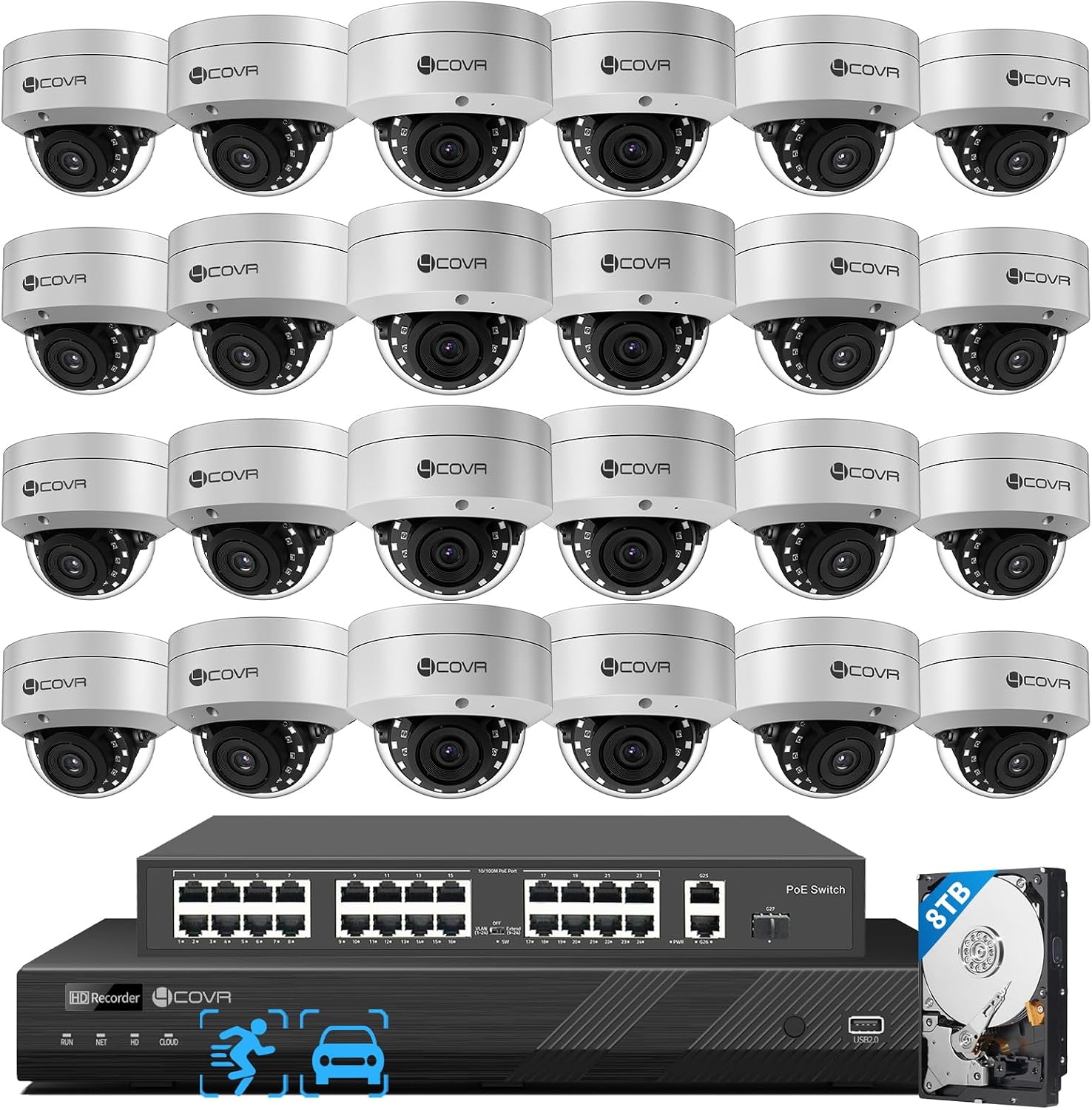 4COVR 12MP PoE Security Camera System, 32 Channel NVR & 8TB HDD, 24X 12MP IK10 Vandal-Proof Dome IP Cameras IP67 with Mic, AI Humen Vehicle Detection, Commercial Surveillance Outdoor, LY54AXAM3224-1