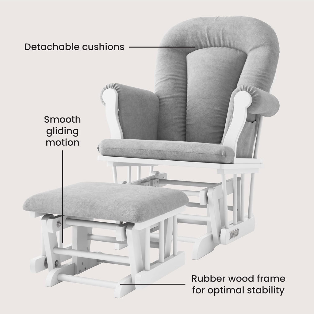 Child Craft Cozy Glider Rocker and Ottoman Set, Smooth Quiet Gliding Motion, Padded Cushion with Convenient Storage Pockets, Solid Wood Base & Frame (Matte White with Light Gray Cushion)