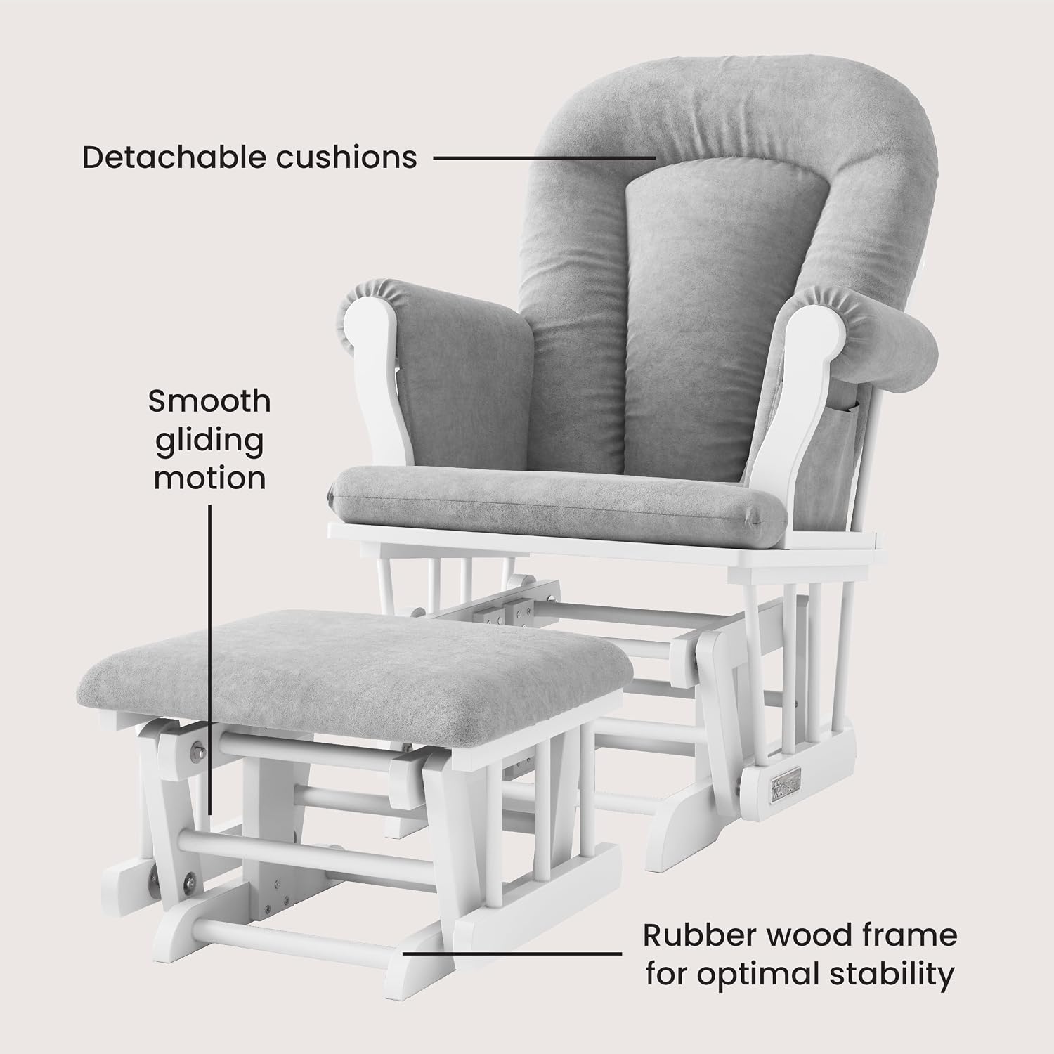 Child Craft Cozy Glider Rocker and Ottoman Set, Smooth Quiet Gliding Motion, Padded Cushion with Convenient Storage Pockets, Solid Wood Base & Frame (Matte White with Light Gray Cushion)