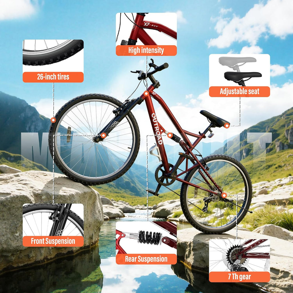 Betterland 26 Inch Mountain Bike with Adjustable Ergonomic Seat, 7/21 Speed Adult Bike with Dual V Brakes, Outdoor Cycling Bike with High Carbon Steel Frame and Front Suspension