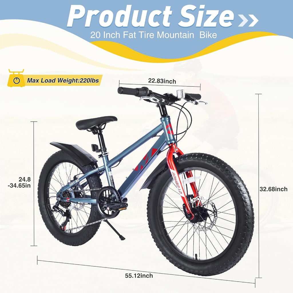 Mountain Bike 20/24 Inch, 3' Wide Fat Tire Snow Mountain Bikes, 7 Speeds Kids Teen Student Bicycles,Steel Frame Disc Brake，3 Colors