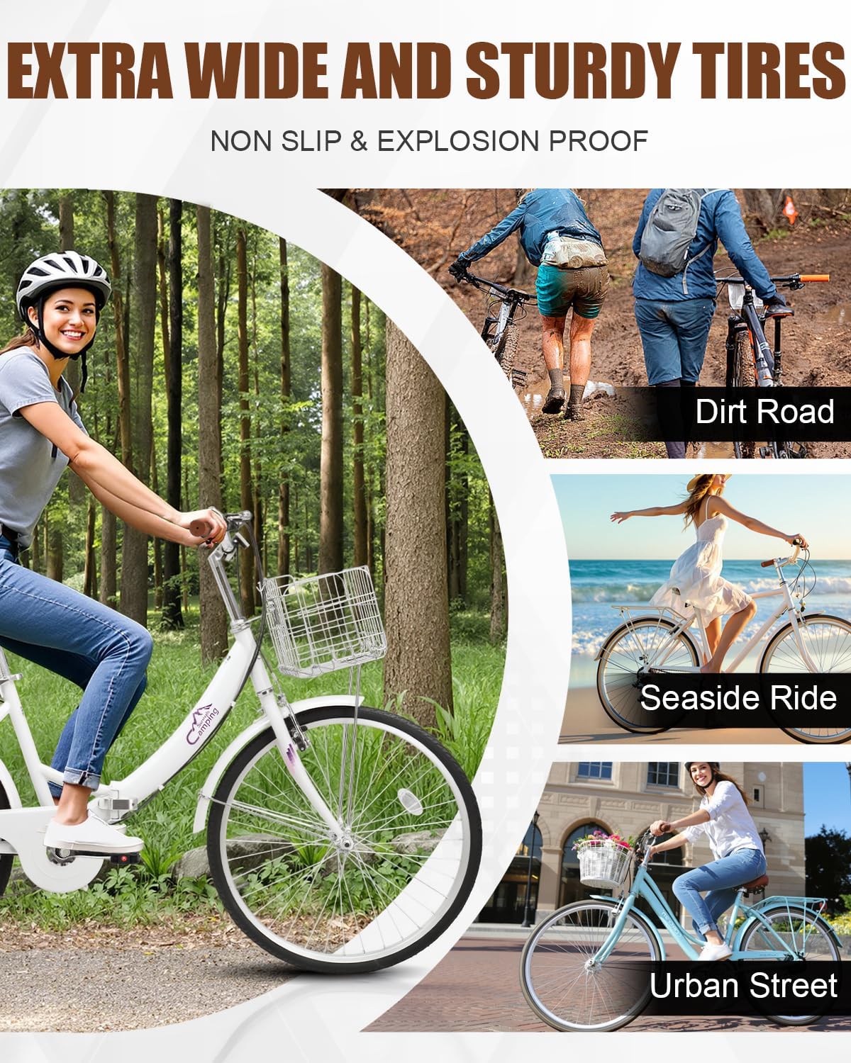 CamPingSurvivals 24/26 Inch Foldable Bike Folding Bicycle, 7 Speed Beach Cruiser Bike with Lock, Comfort Back Seat, Foldable Basket & Ergonomic Upright Frame, Cruiser Bicycle for Adults