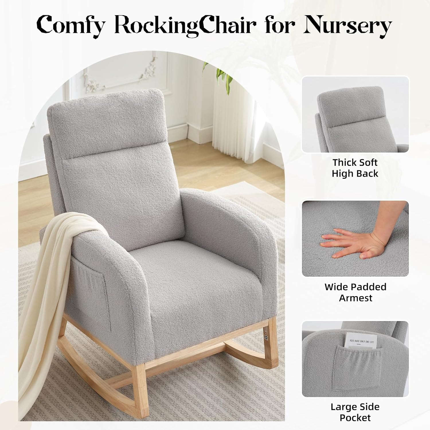 IDEALHOUSE Nursery Rocking Chair, Upholstered Glider Rocker with High Back & Side Pocket, Comfy Nursing Chair for Breastfeeding, Padded Nursery Armchair for Baby Room, Bedroom & Living Room,