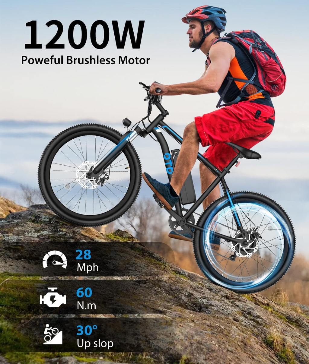 Electric Bike For Adults 1200W Peak Lightweight Mountain Ebikes,28MPH 26'x2.1' Fast Electric Bicycles,90 Miles PAS Long Range,48V 624Wh Removable Battery,7-Speed E-Bicycles with Mobile Phone Holder