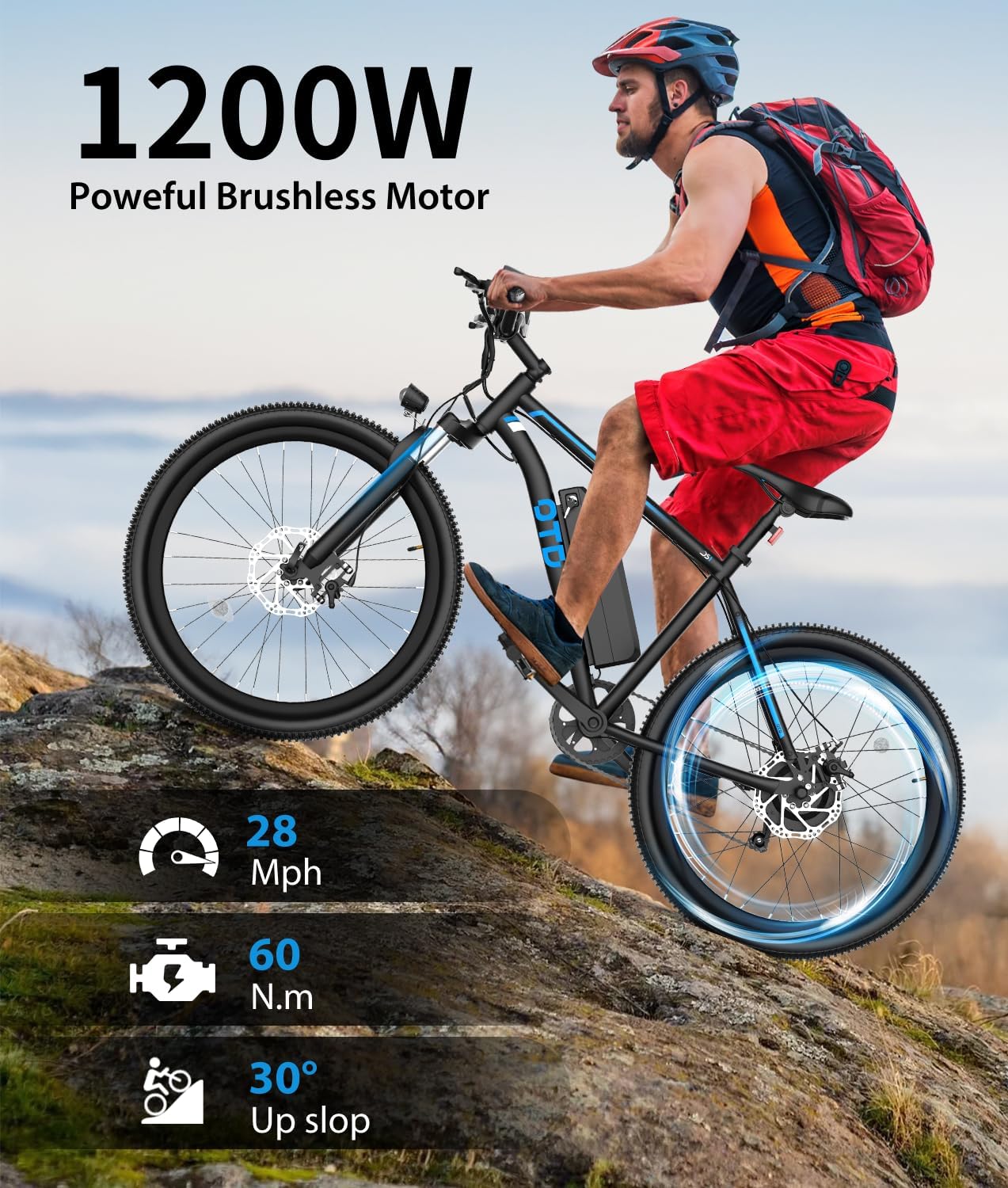 Electric Bike For Adults 1200W Peak Lightweight Mountain Ebikes,28MPH 26'x2.1' Fast Electric Bicycles,90 Miles PAS Long Range,48V 624Wh Removable Battery,7-Speed E-Bicycles with Mobile Phone Holder