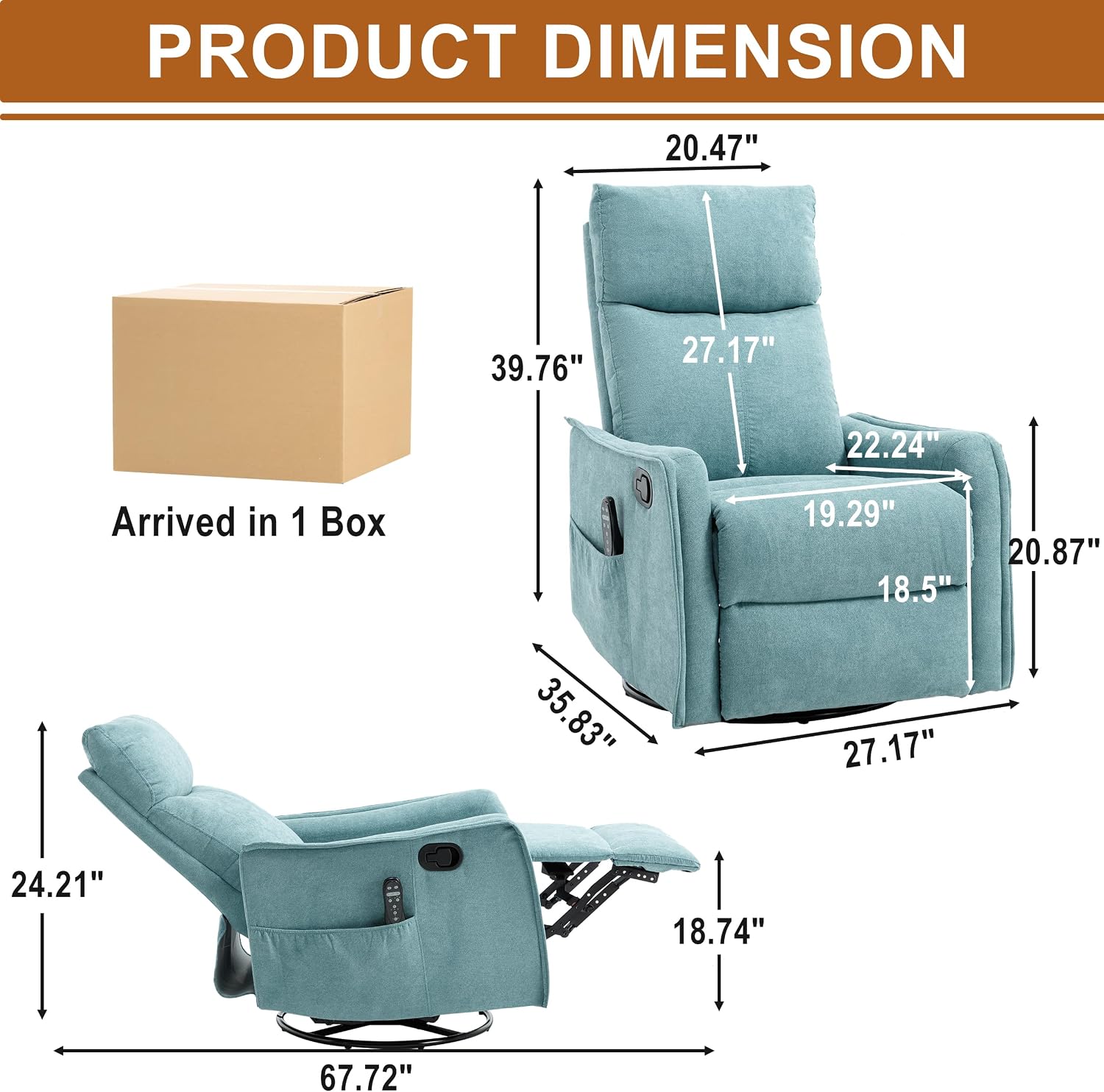 Manual 360° Swivel Rocker Recliner Chair for Adults, Overstuffed Glider Chair for Nursery with Vibration Massage & Heat, Comfy Soft Fabric Recliner Chair with Side Pockets for Living Room, Blue Green