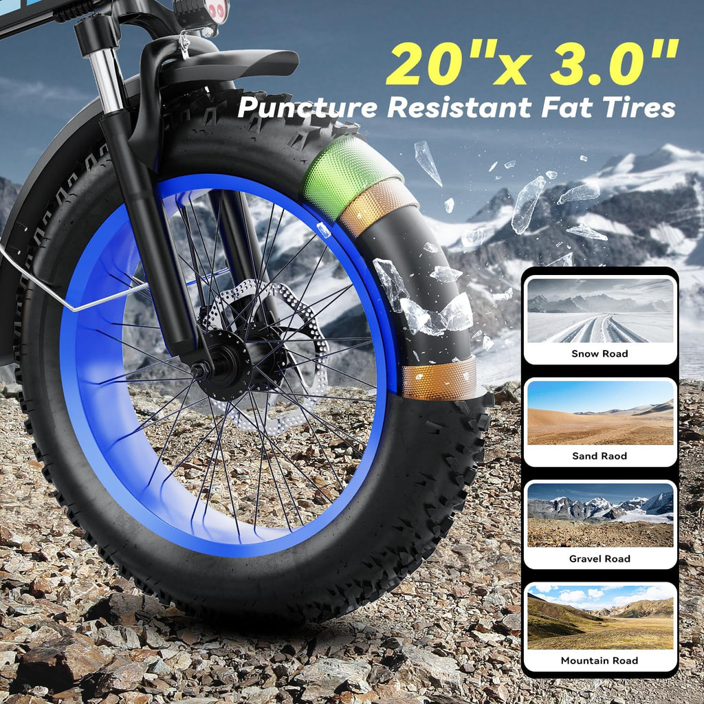 EUYBIKE Foldable Electric Bike for Adults, 30+MPH, 48V 20Ah Removable Battery up to 80Miles, 20' Fat Tire 1000W Peak Motor Adult Electric Bicycle for Beach Mountain E Bike Blue Black with Safety Seat