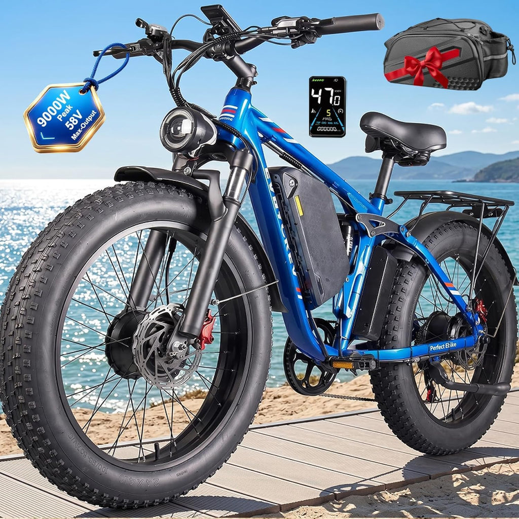 9000W Peak Electric Bike for Adults,58V Max-Output 1856Wh Dual Motor Ebike,34Ah Battery 47MPH Up to 105Miles Fast 24' x4.0 Fat Tire Ebike,Full-Suspension Mountain E-Bike for Beach Snow