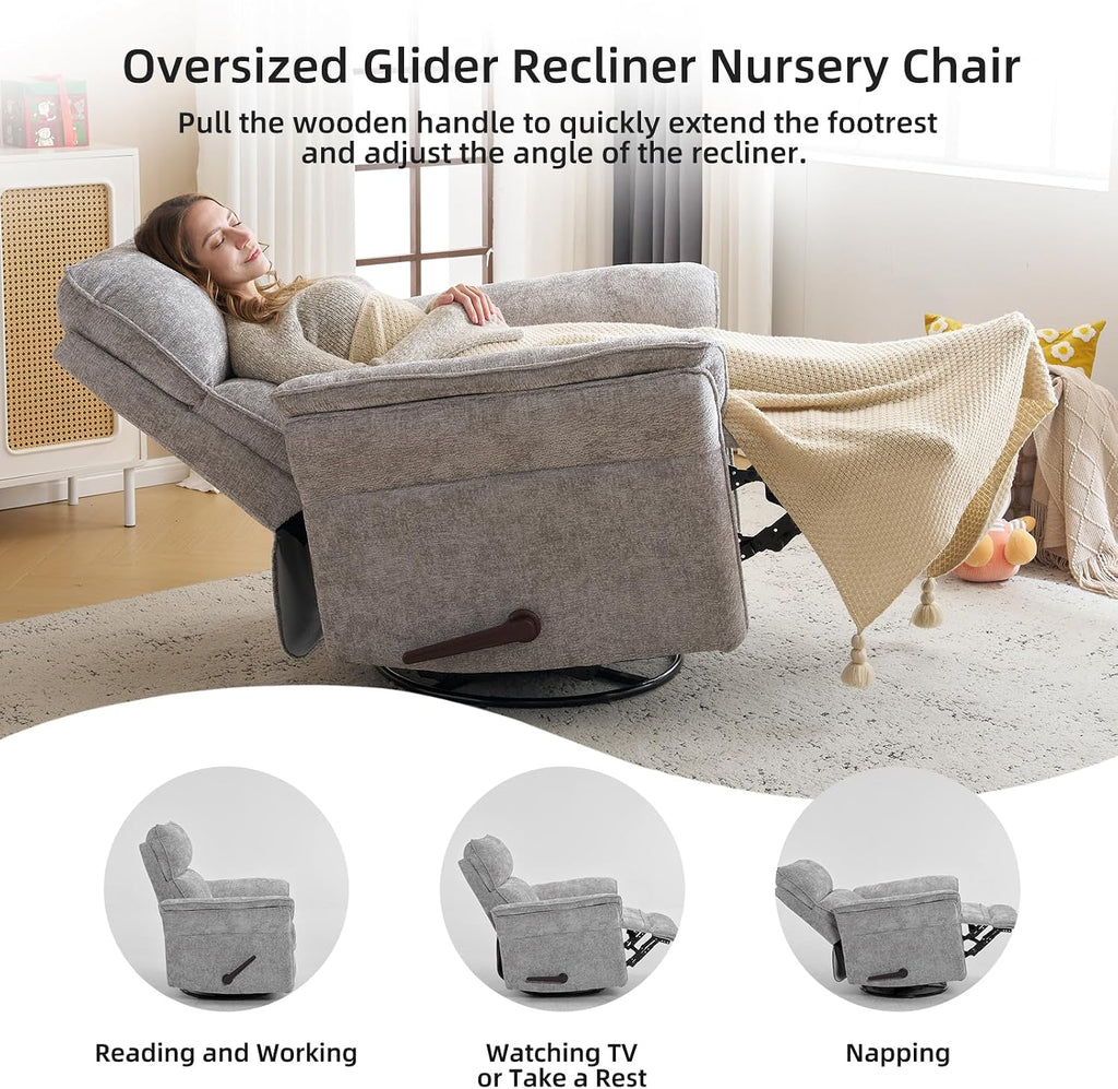 Oversized Glider Rocker Recliner, 26' Extra Wide 360° Swivel Nursery Recliner with Adjustable Headrest, Chenille Rocking Nursery Chair with Overstuffed Armrest, Lumbar Support, Light Grey