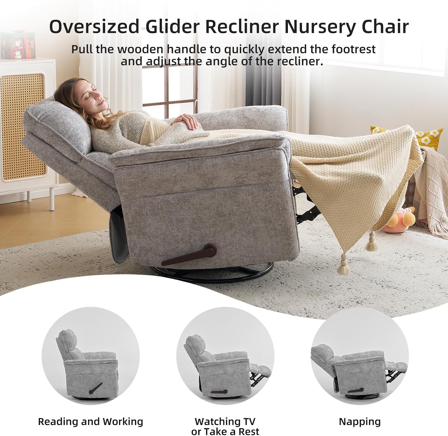 Oversized Glider Rocker Recliner, 26' Extra Wide 360° Swivel Nursery Recliner with Adjustable Headrest, Chenille Rocking Nursery Chair with Overstuffed Armrest, Lumbar Support, Light Grey