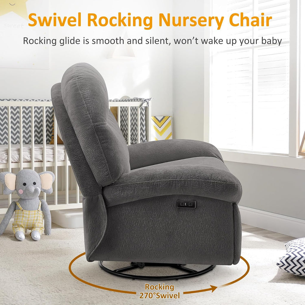 VANOMi Power Recliner Chair with USB & Type-C Charging, 270° Swivel Glider Rocker, Electric Nursery Recliner for Living Room, Bedroom, Office, Dark Gray