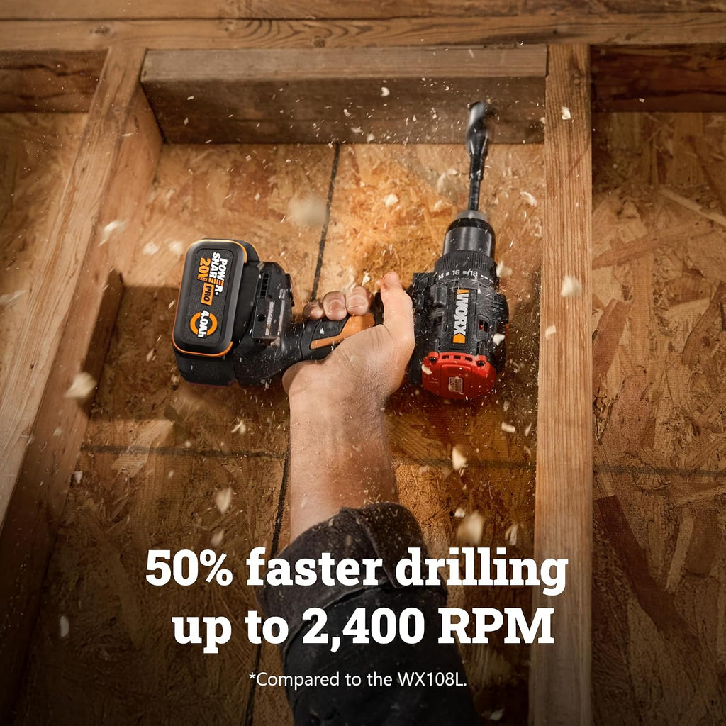 WORX Cordless Drill Driver, 20V 930 in·lbs Brushless Power Drill Driver, Powerful and Faster Drilling and Driving, Compact 6.3' length, 20V 4.0 Ah Battery and Charger Included, PowerShare