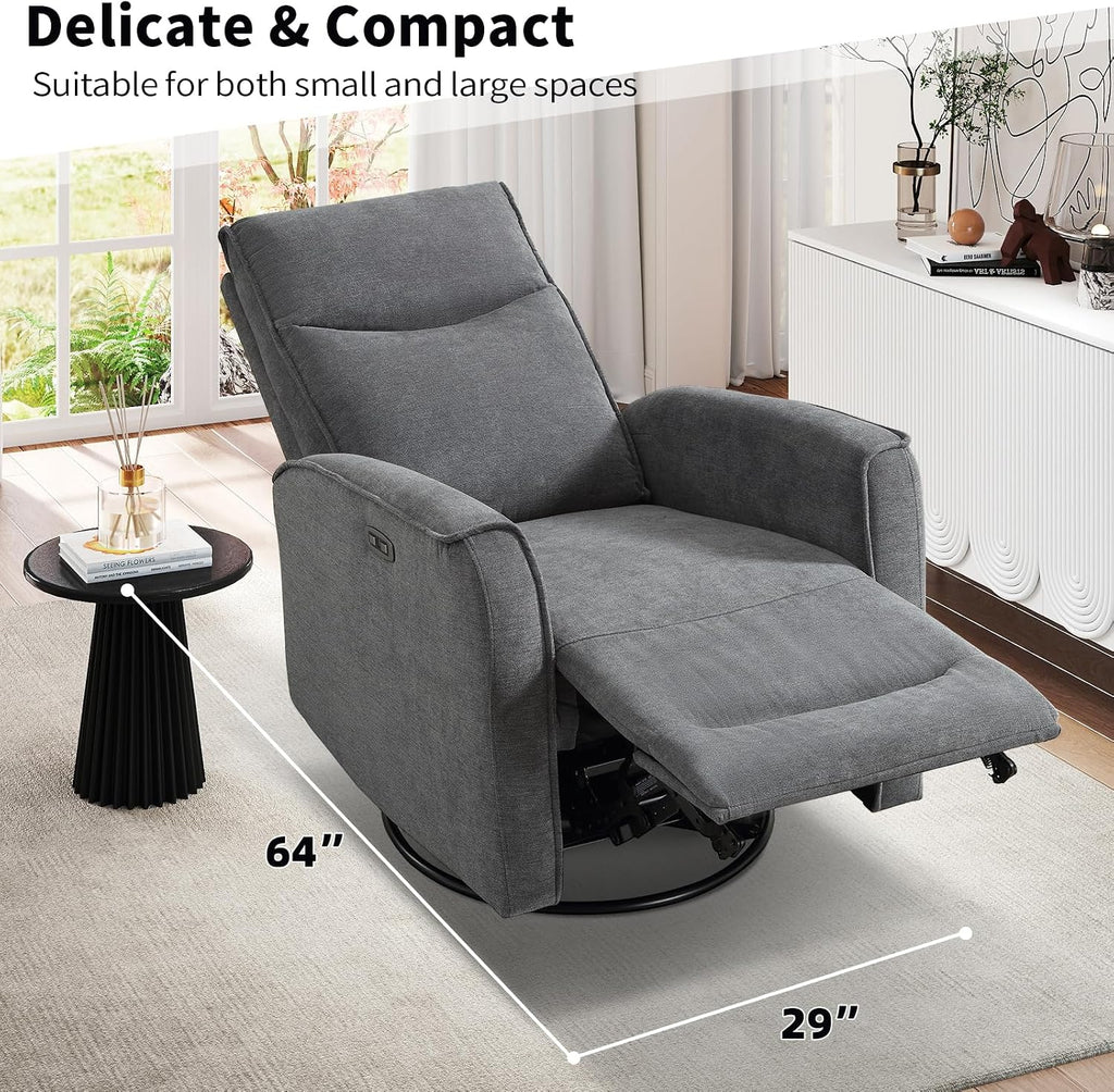 ANJ Power Rocker Recliner Chair with USB Ports, Electric 270° Swivel Glider Recliners, Upholstered Leathaire Rocking Reclining Sofa Nursery Recliner for Living Room, Bedroom (Smoke Gray)