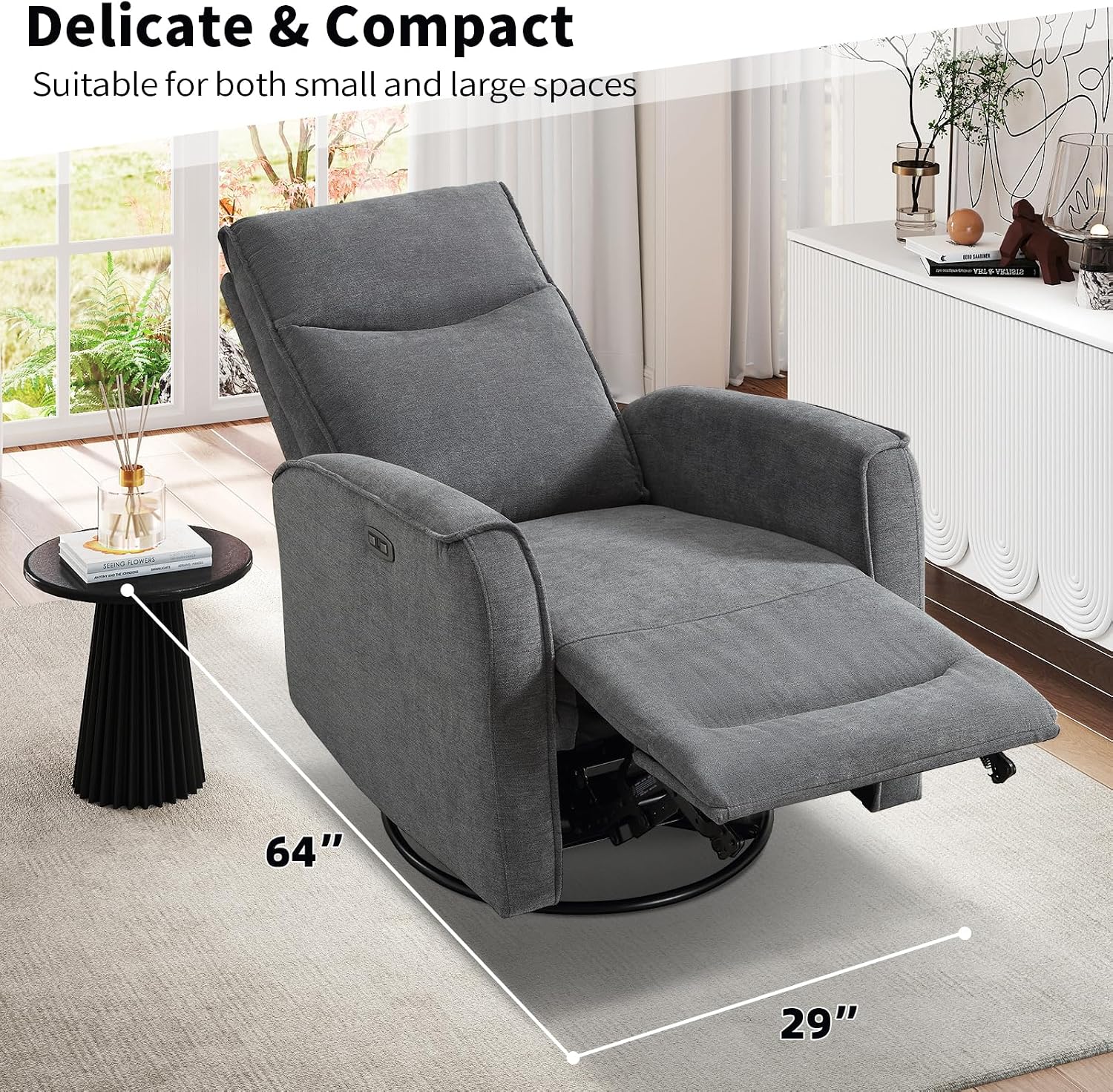 ANJ Power Rocker Recliner Chair with USB Ports, Electric 270° Swivel Glider Recliners, Upholstered Leathaire Rocking Reclining Sofa Nursery Recliner for Living Room, Bedroom (Smoke Gray)