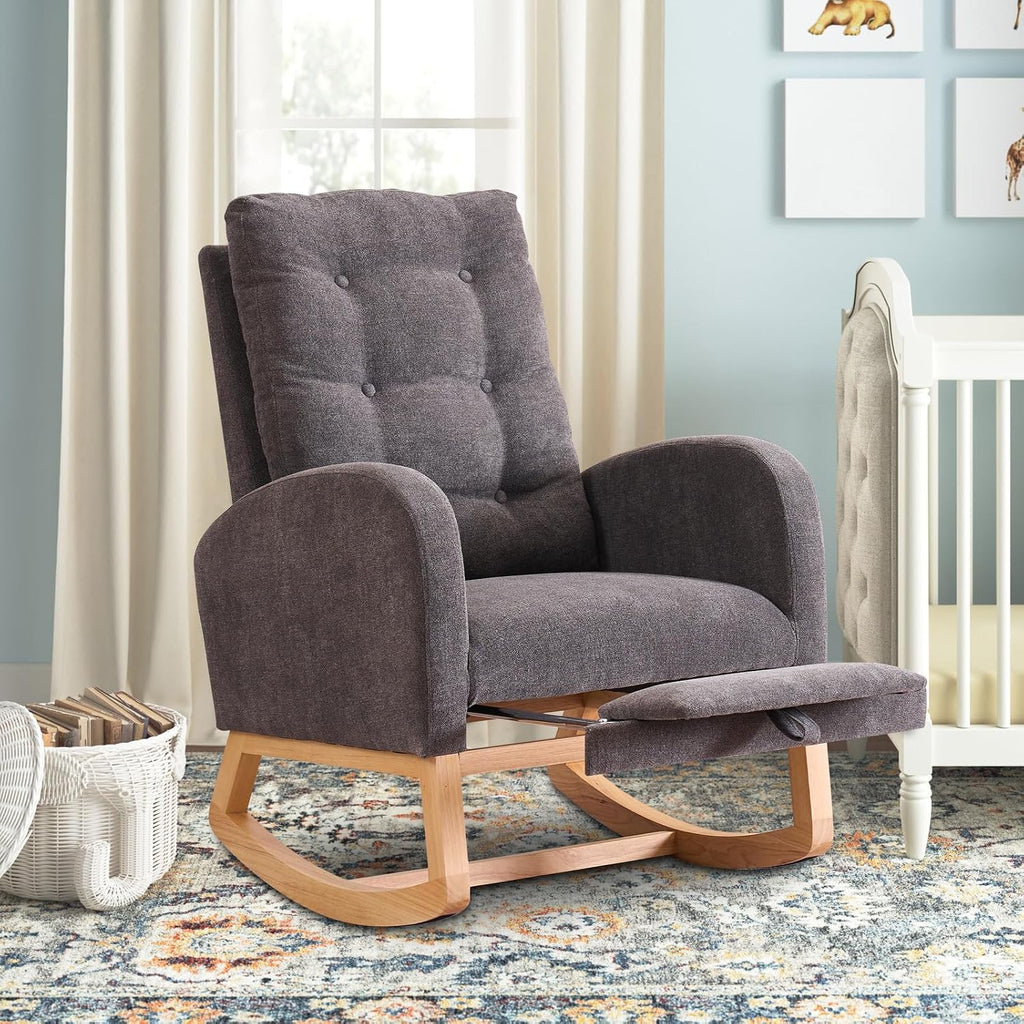 cinkehome Nursery Rocking Chair with Retractable Foot Rest, Glider Rocking Chair with Solid Wood Legs, High Back, Button Decors, Mid Century Rocker Chair, Grey