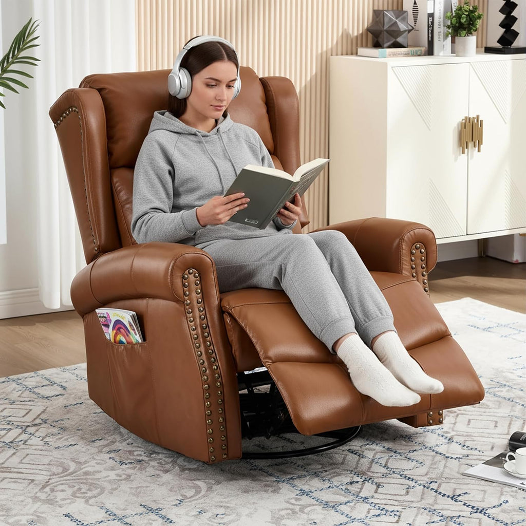 PELUMY Genuine Leather Swivel Rocking Recliner Chair for Adults, 360° Swivel Glider Rocker with Heat & Vibrating Massage, Lounge Chair for Living Room, Bedroom, Nursery (Earth Yellow)