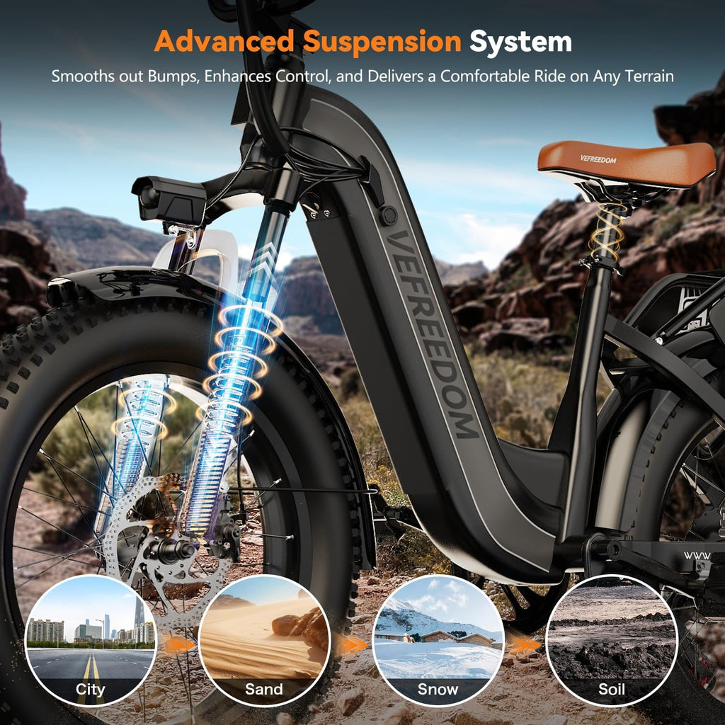 VEFREEDOM 1500W Motor Electric Bike for Adults 80 Miles 30MPH Ebike 20' x 4 Fat Tire 48V 20Ah Removable Battery Mountain E Bike Commuter Front Suspension Bicycles Men Women