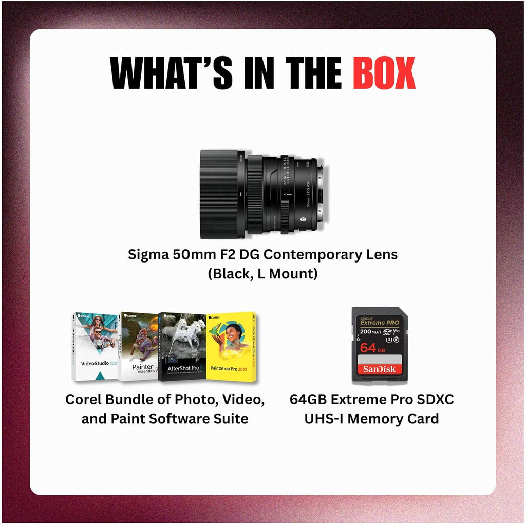 Sigma 50mm F2 DG Contemporary Lens with Manual Aperture Ring 9-Blade Diaphragm Super Multi-Layer Coating (Black, L Mount) Bundle with Software Suite and Memory Card (3 Items)
