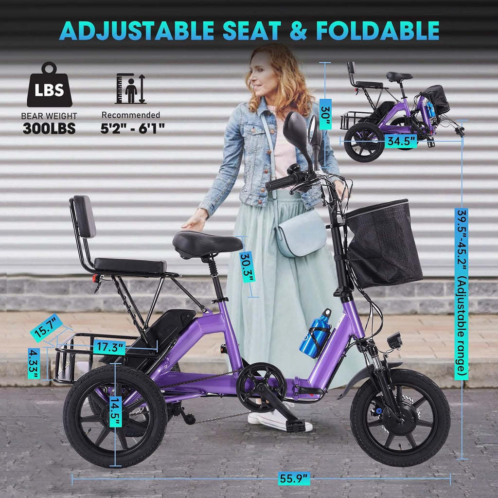 E Trike Electric Bike, 350W(Peak 500W) Brushless Motor Folding Trike, 2 Seats Ebike, 480Wh Removable Battery, Step-Thru 3 Wheel Electric Bicycle, Up to 45 Miles, Tricycle for Adults Parents