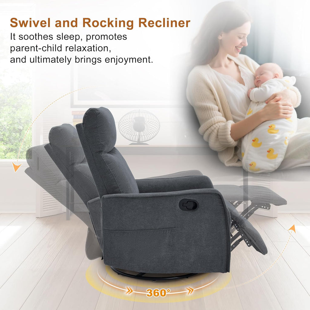 Manual 360° Swivel Rocker Recliner Chair for Adults, Overstuffed Glider Chair for Nursery with Vibration Massage and Heat, Comfy Soft Fabric Glider with Side Pockets for Living Room, Dark Gray