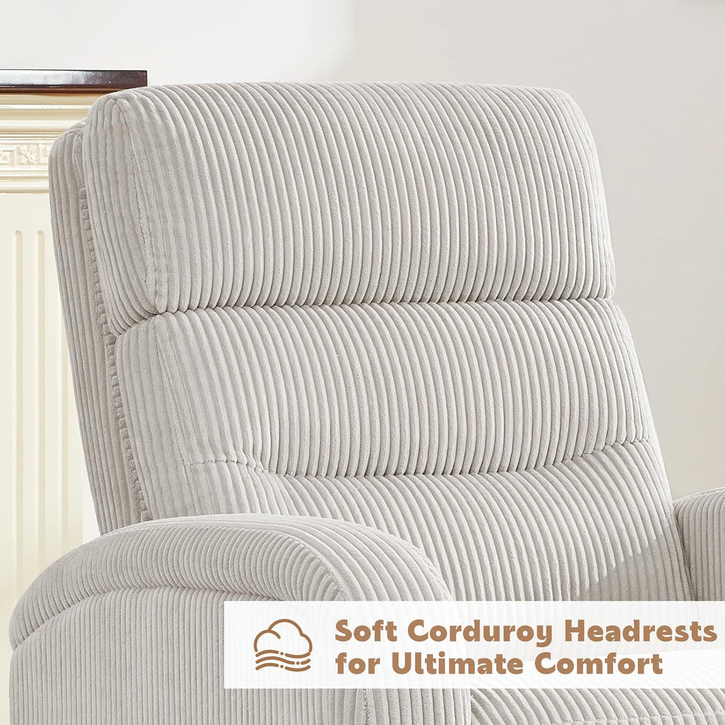 Swivel Rocker Recliner Glider Rocking Chair for Nursery, Corduroy Recliner with Chunky Cushion, Manual Swivel Recliner Chair for Living Room, Bedroom, Nursery(Camel)
