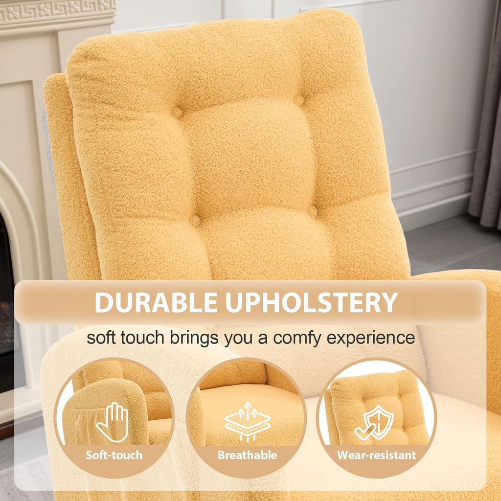 cinkehome Nursery Rocking Chair with Retractable Foot Rest, Teddy Glider Rocking Chair, Mid Century Rocker Chair, High Back, Solid Wood Legs