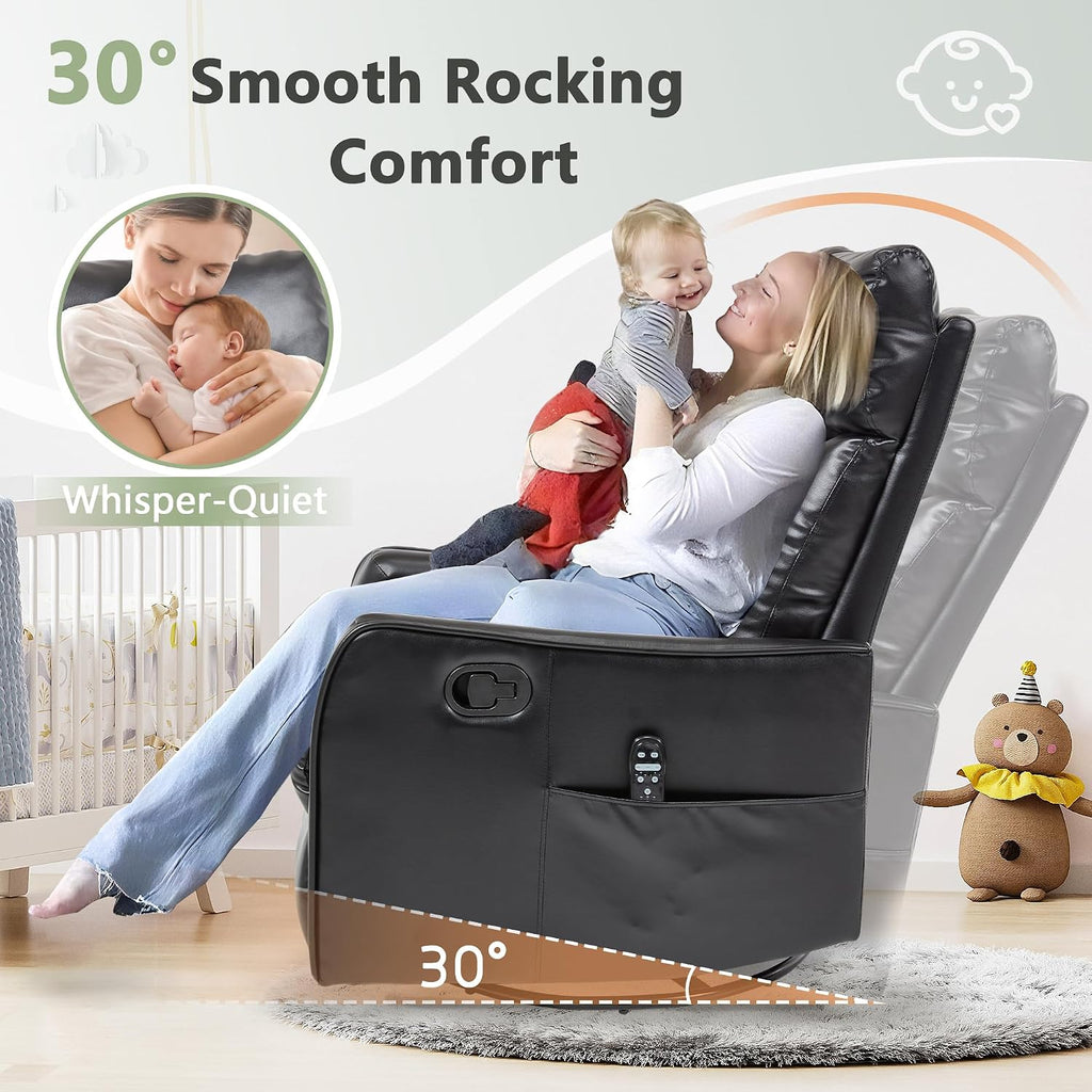 cinkehome Heated Massage Swivel Rocker Recliner Chair for Nursery - Small Space Reclining Chair with Lumbar Support, 360° Swivel & Gentle Rocking, Ergonomic High Back Faux Leather Black