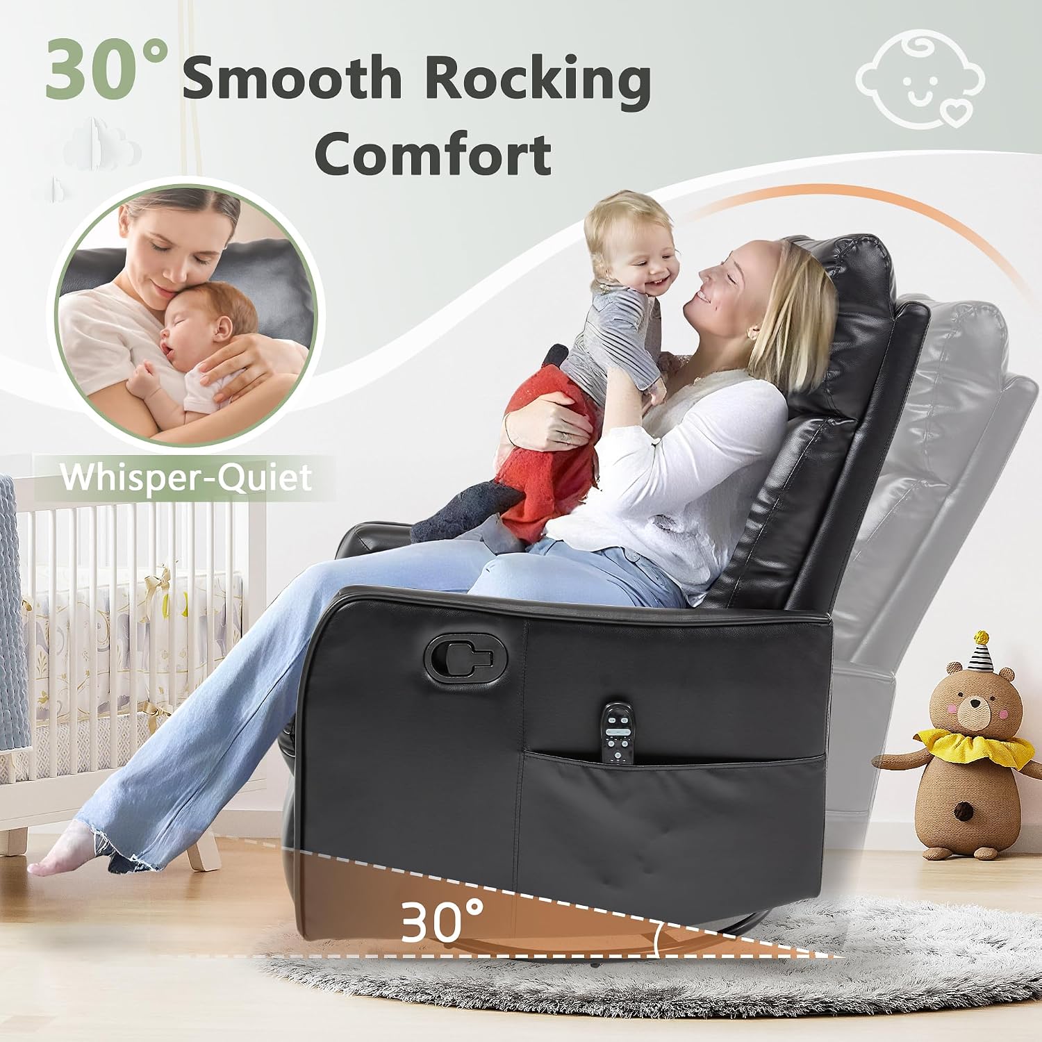 cinkehome Heated Massage Swivel Rocker Recliner Chair for Nursery - Small Space Reclining Chair with Lumbar Support, 360° Swivel & Gentle Rocking, Ergonomic High Back Faux Leather Black
