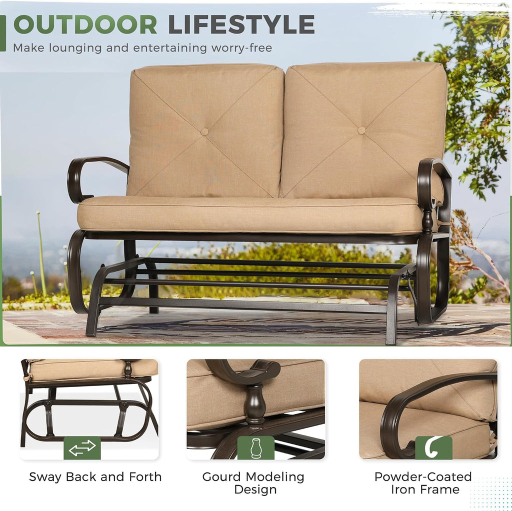 Crownland Outdoor Patio Glider Chair, Rocking Glider Bench for 2 Person, Porch Furniture Loveseat Seating, Wrought Iron Patio Gliders for Outside, Porch, Garden(Brown)