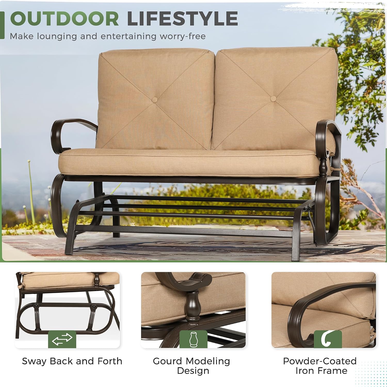 Crownland Outdoor Patio Glider Chair, Rocking Glider Bench for 2 Person, Porch Furniture Loveseat Seating, Wrought Iron Patio Gliders for Outside, Porch, Garden(Brown)
